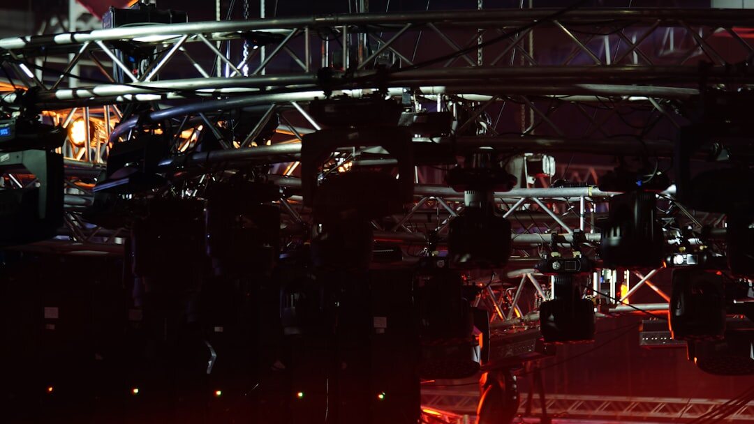 Professional TV broadcast studio with camera equipment and stage lighting